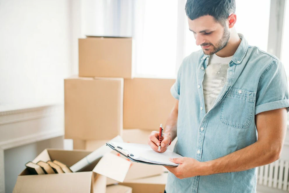 Un jeune homme signe un document debout dans une pièce remplie de cartons de déménagement