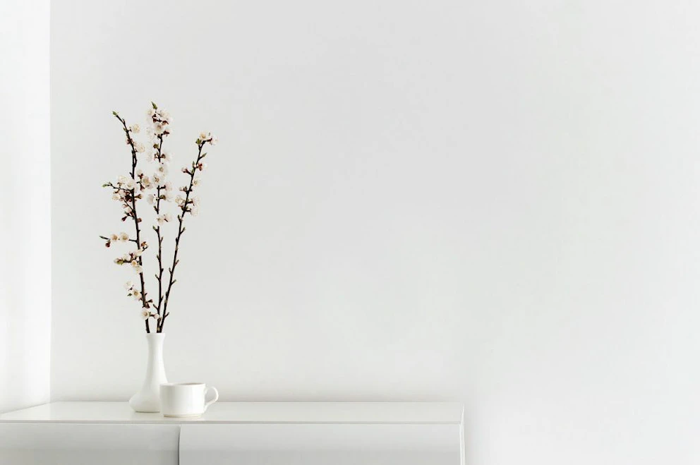 Vase blanc avec des branches de cerisier, posé sur une commande blanche devant un mur blanc