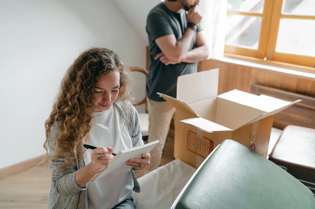 Une femme prend des notes avant d'emballer ses affaires dans des cartons de déménagement