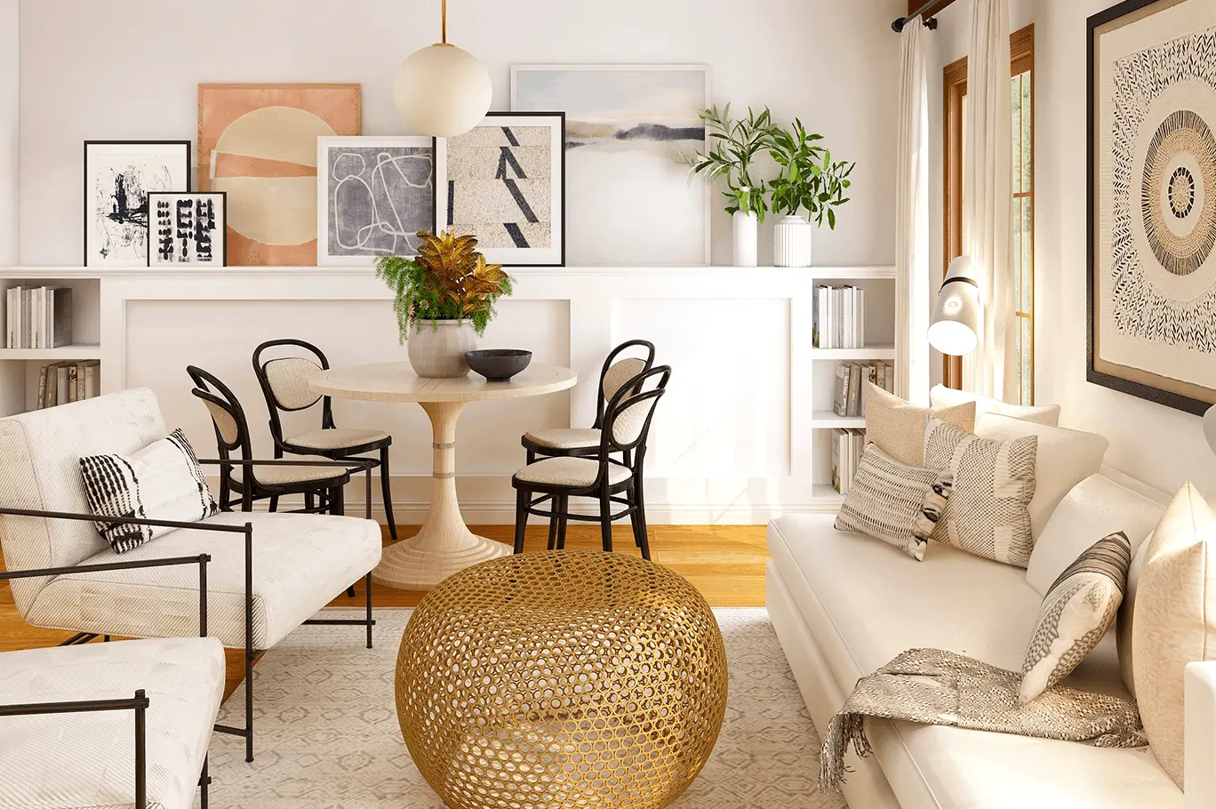 Salon salle à manger joliment décoré de manière moderne et chaleureuse