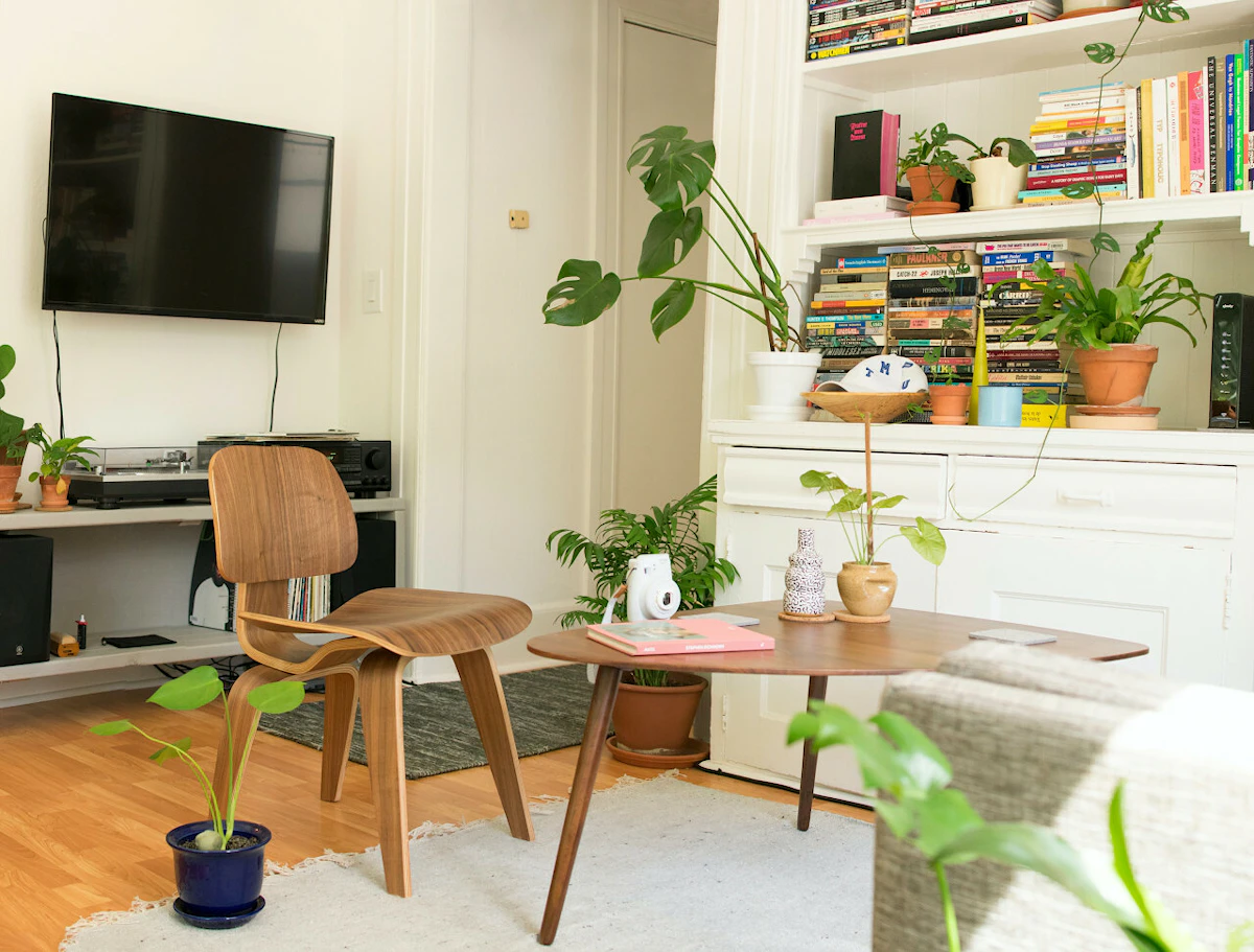 Salon d'un petit studio composé d'un canapé, d'une petite table, d'une bibliothèque et d'une TV accrochée au mur