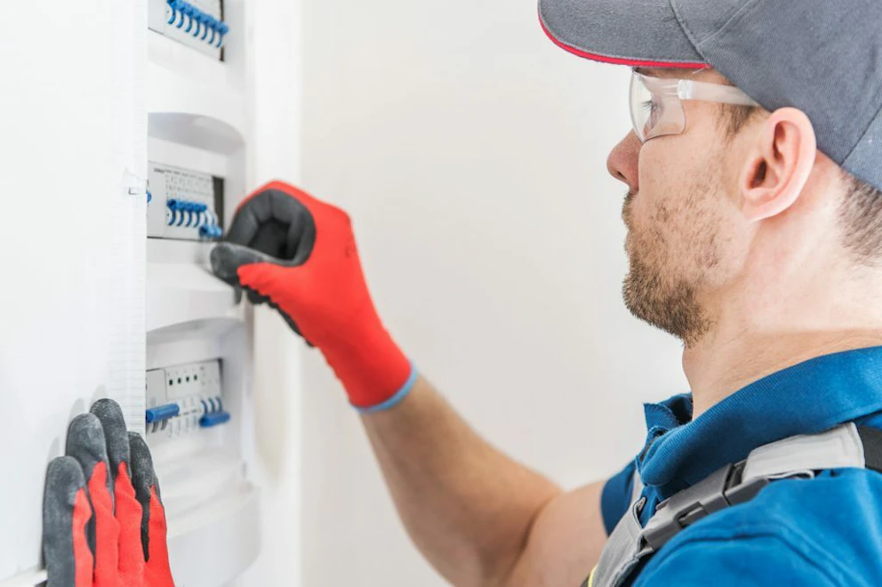 Un technicien portant une casquette, des lunettes de protection et des gants travaillant sur un compteur électrique