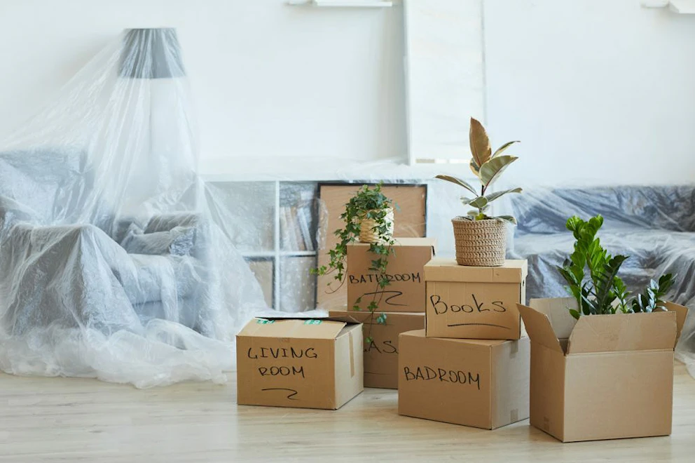 Une salle remplie de meubles protégés par des baches et des plastiques ainsi que des cartons de déménagement empilés
