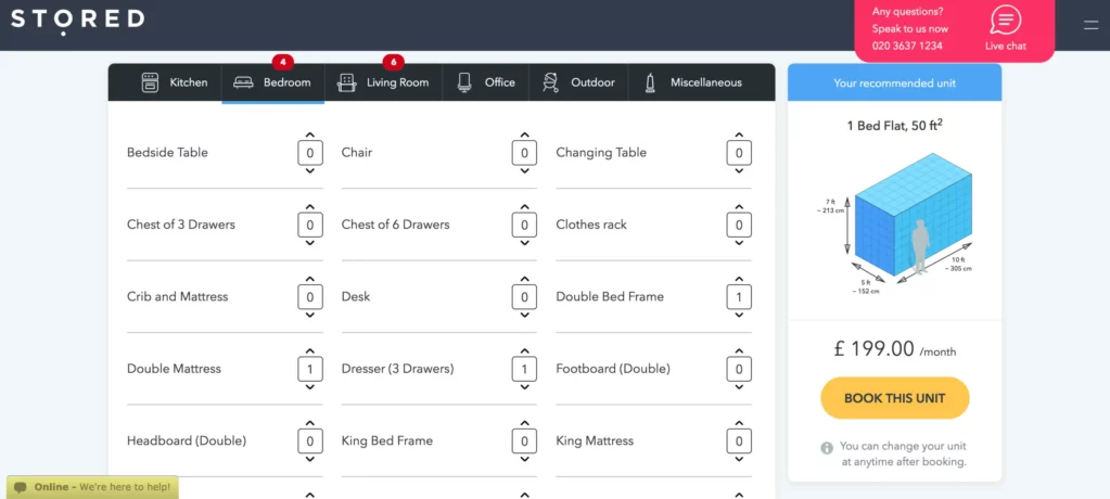 1 bedroom flat storage cost calculation. Illustration.