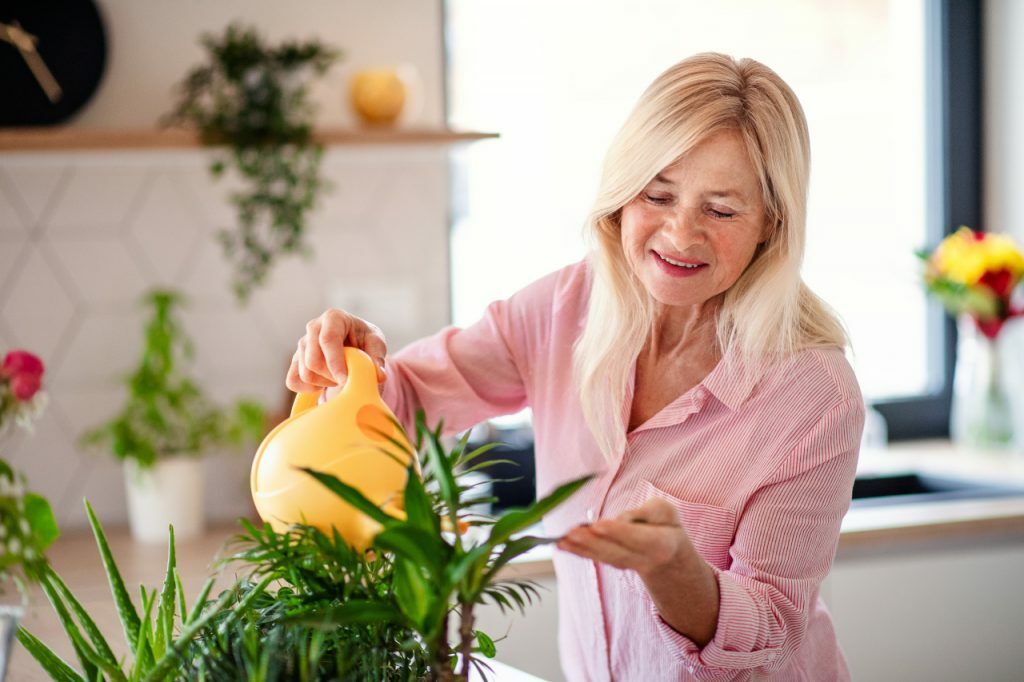 Une femme âgée qui arrose ses plantes avec un arrosoir jaune dans sa cuisine