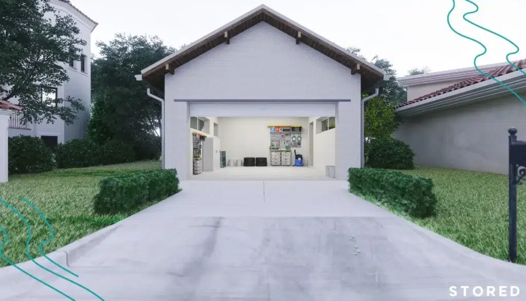 A garage with an open door that has been converted