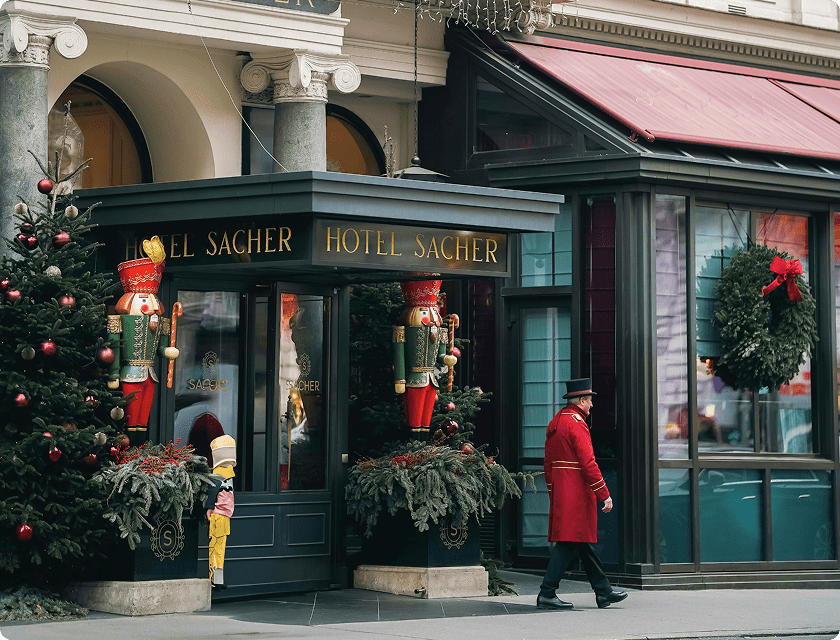 A hotel decorated for Christmas. Valet dressed in a red coat posing in front of a hotel decorated for Christmas