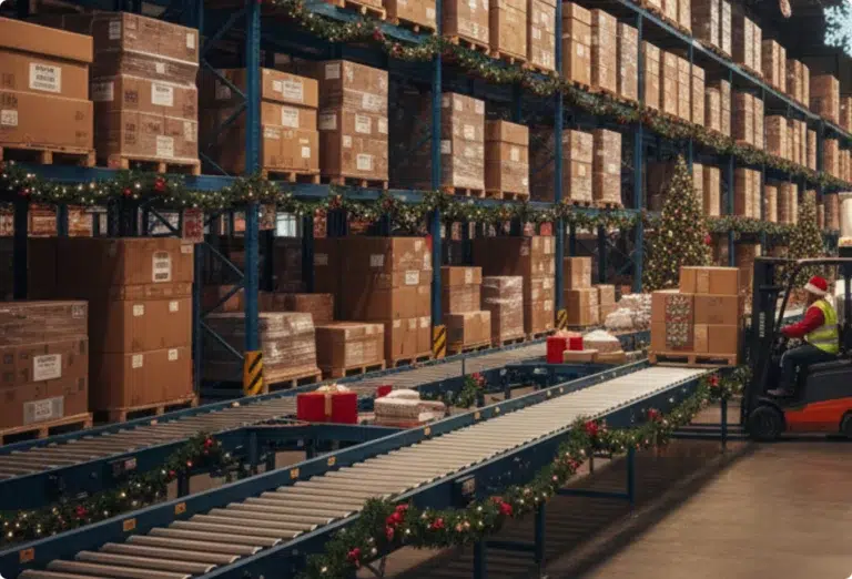 Entrepôt logistique décoré pour Noël
