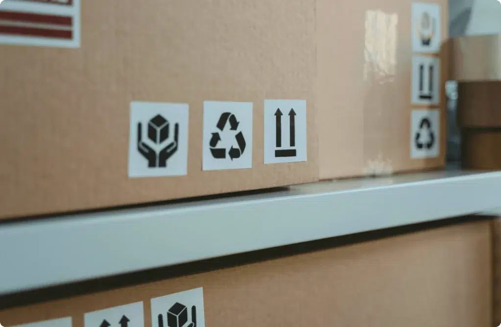 Boxes stored on a shelf with environmental symbols