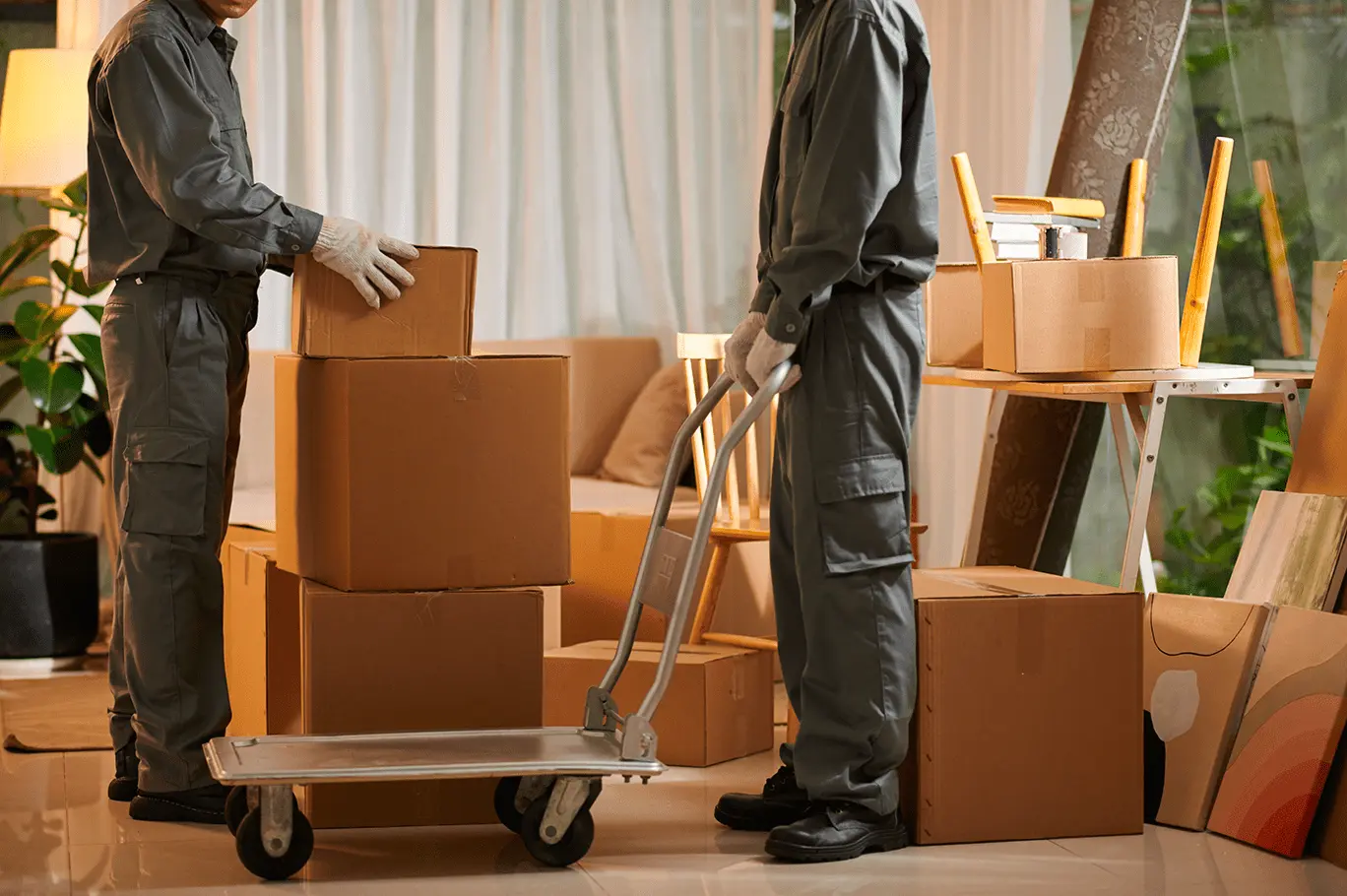 Deux déménageurs préparent des cartons à transporter