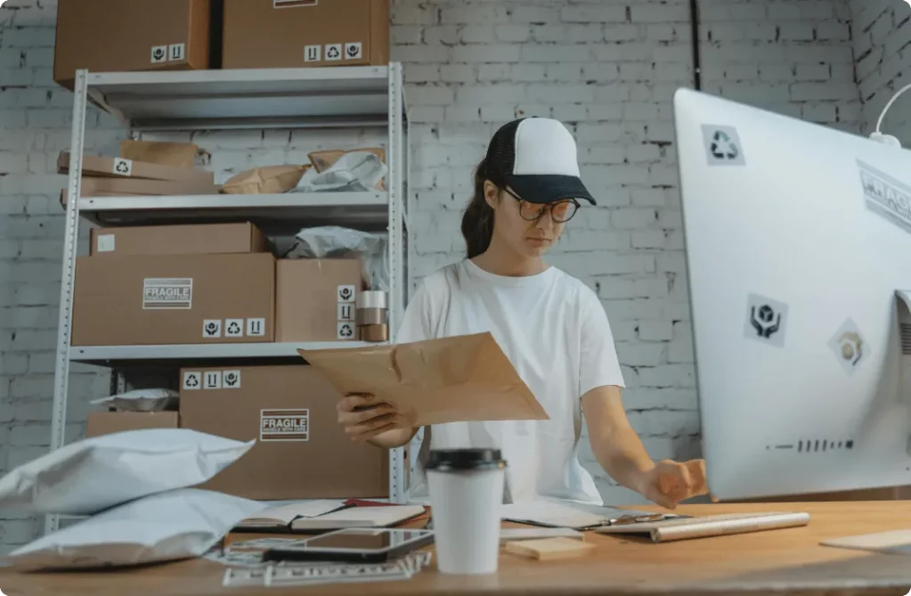 A young woman prepares packages