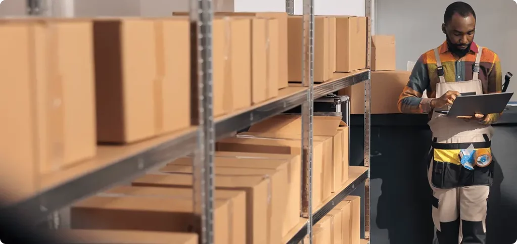 A professional consults his tablet while standing in the middle of a storage room.