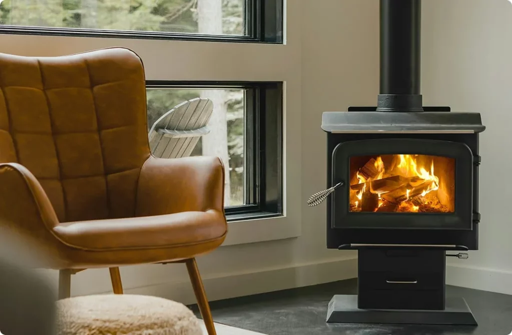 A brown leather armchair placed next to a wood-burning stove