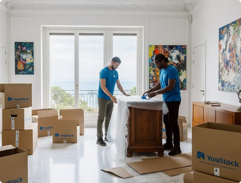 Two YouStock movers pack and protect a piece of furniture in a luxurious living room with a sea view