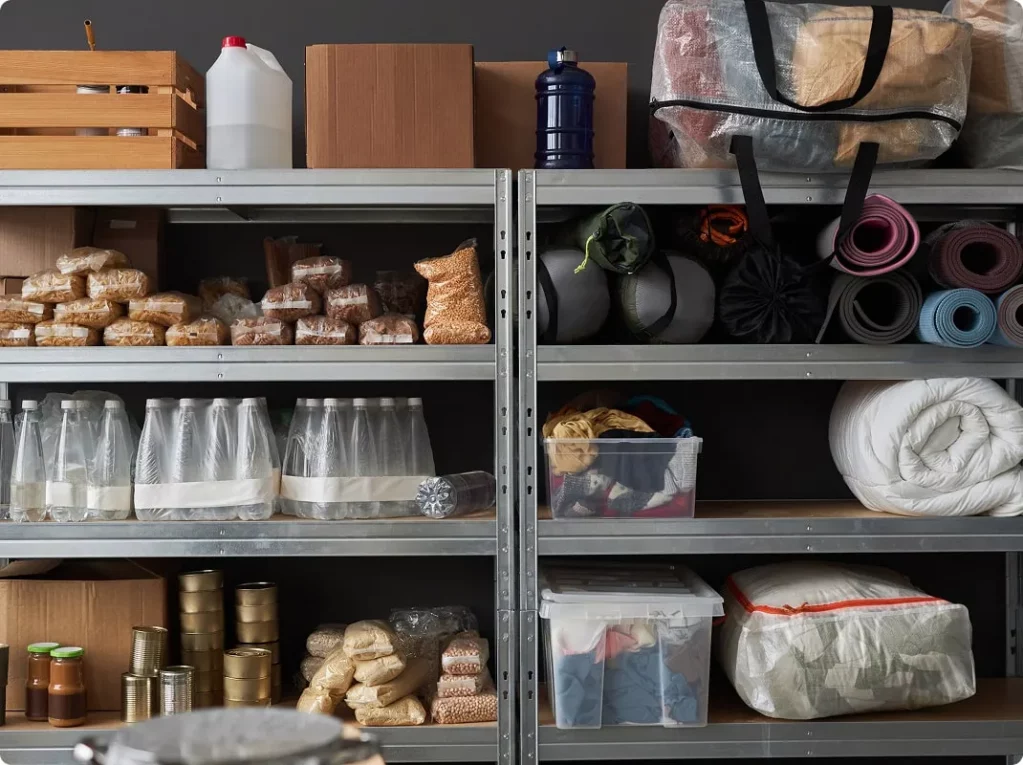 Étagères empilées avec nourriture et fournitures dans une cave