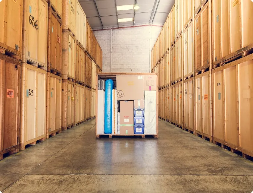 Storage crate open in the middle of an aisle in a storage warehouse