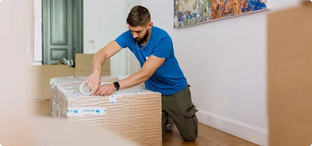 A YouStock mover packs and tapes a moving box to the floor