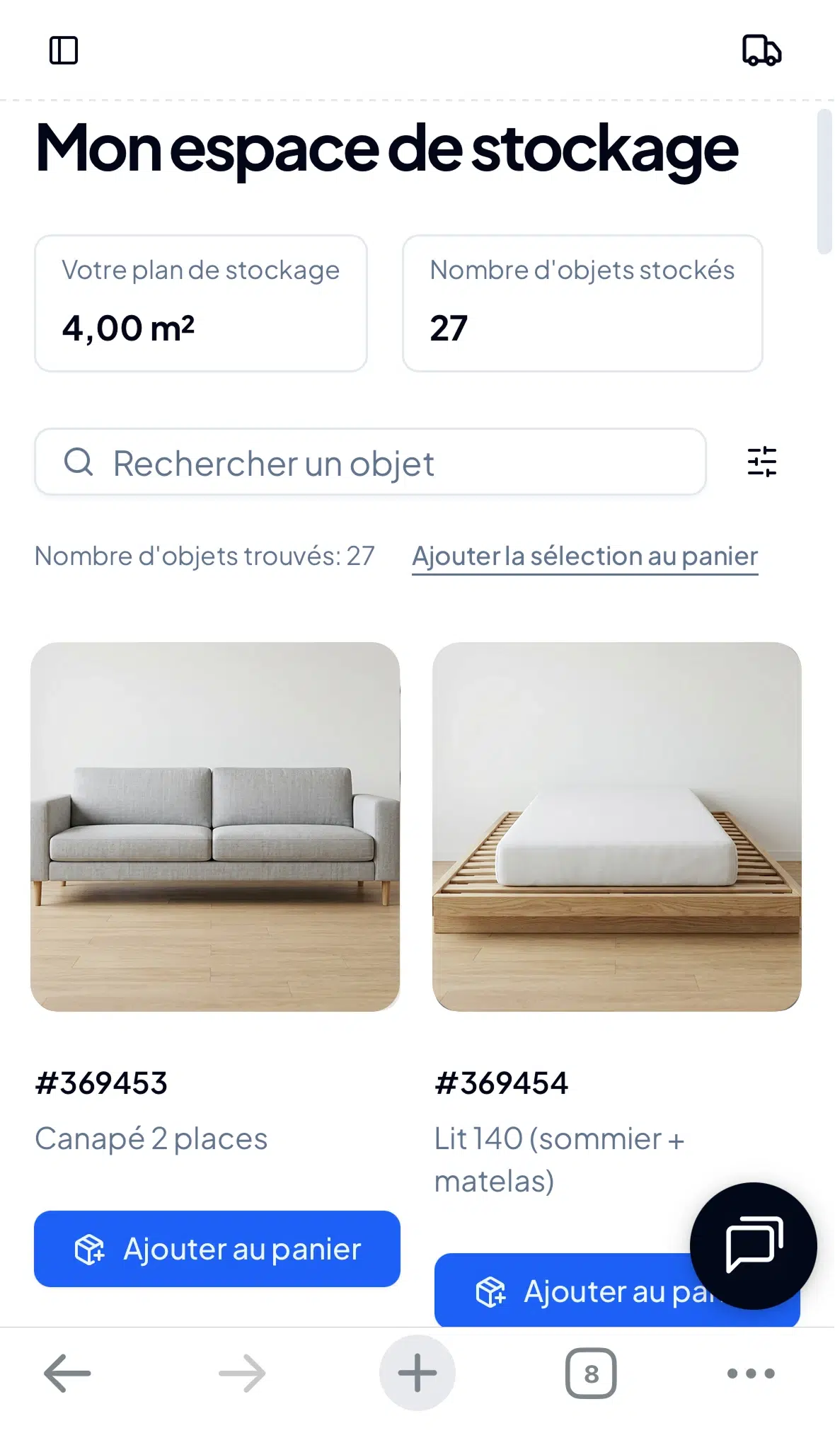 Interface inventaire particuliers YouStock - mobile