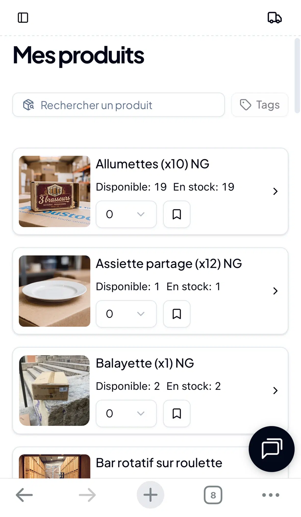 Interface inventaire professionnels YouStock - mobile