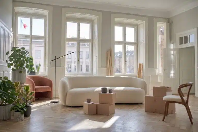 Salon lumineux en cours de déménagement, avec canapé, fauteuil, plantes et plusieurs cartons prêts à être stockés