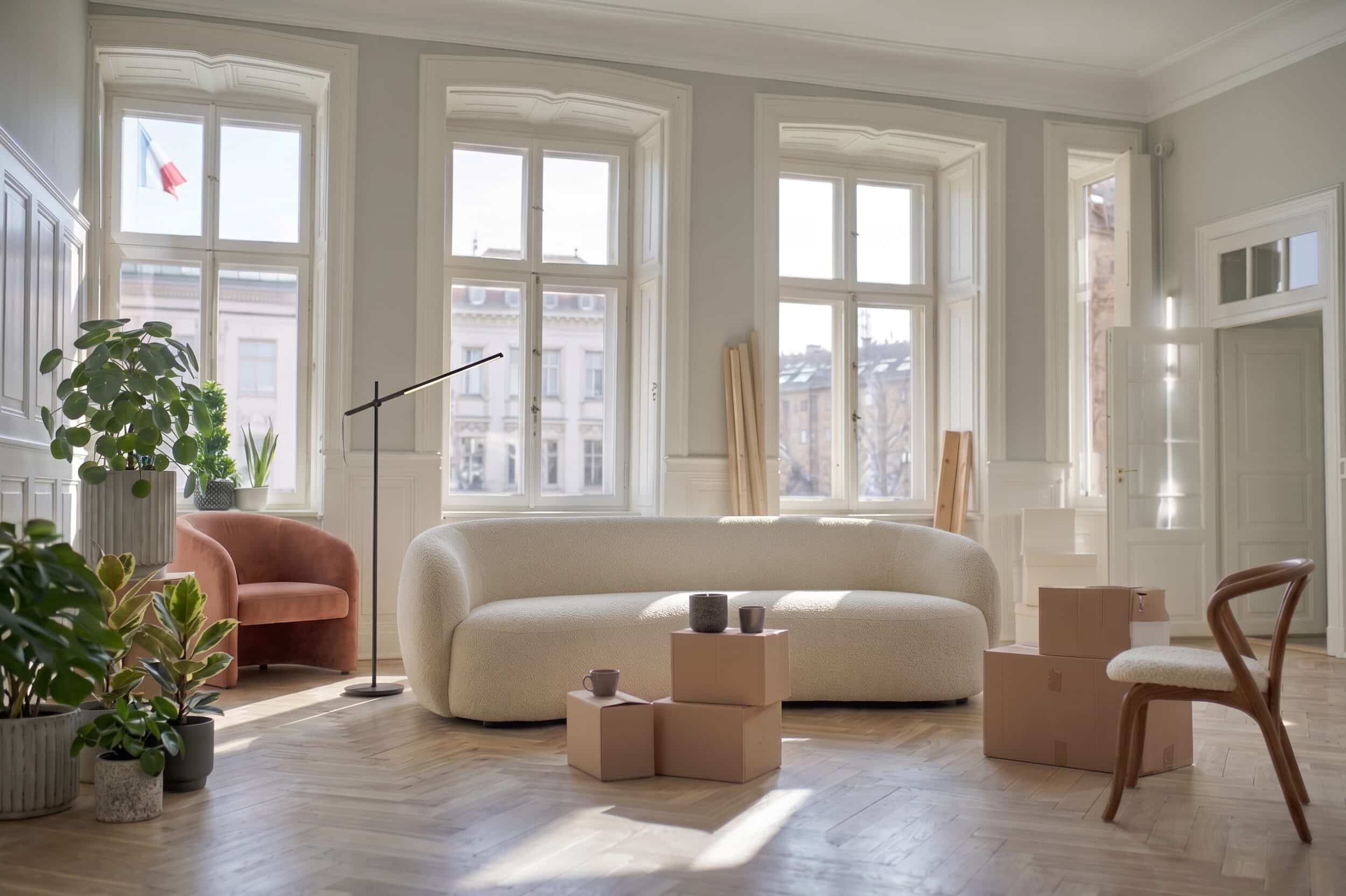 Salon lumineux en cours de déménagement, avec canapé, fauteuil, plantes et plusieurs cartons prêts à être stockés