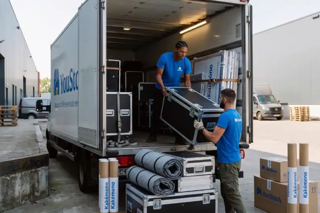 Deux manutentionnaires YouStock chargent des flight cases et des rouleaux de kakémonos dans un camion