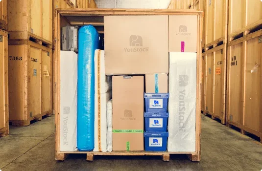 A storage crate open in the middle of a warehouse