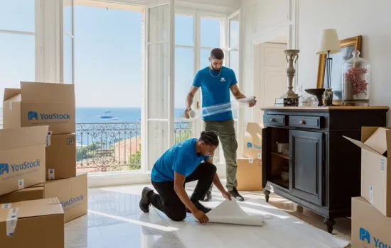 Deux déménageurs YouStock emballent et protègent un meuble dans un salon luxueux vue mer