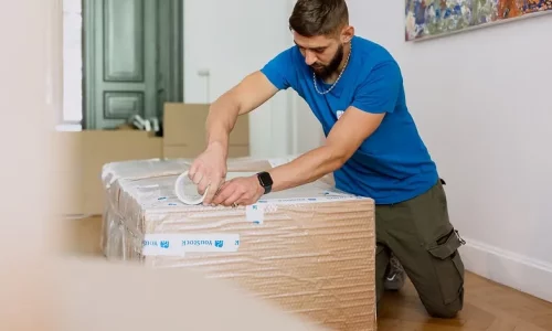 A removal professional tapes a box